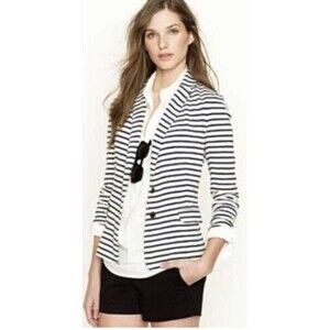 J Crew Women’s S Knit Cotton Sweater Blazer  Ivory Blue Stripe Nautical